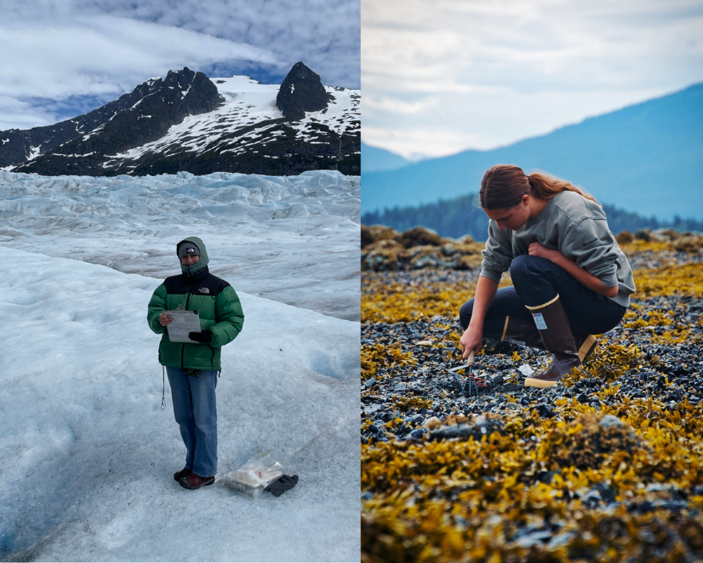 left: woman standing on a glacier. Right: woman kneeling on rocky beach digging